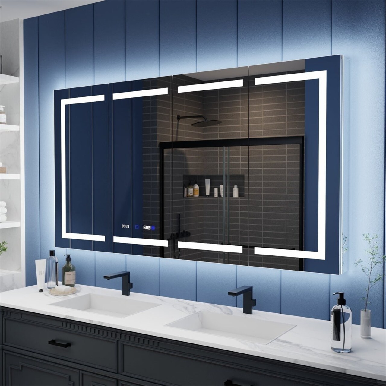 Allsumhome Illusion-B 66" x 36" LED Lighted Inset Mirrored Medicine Cabinet with Magnifiers Front and Back Light